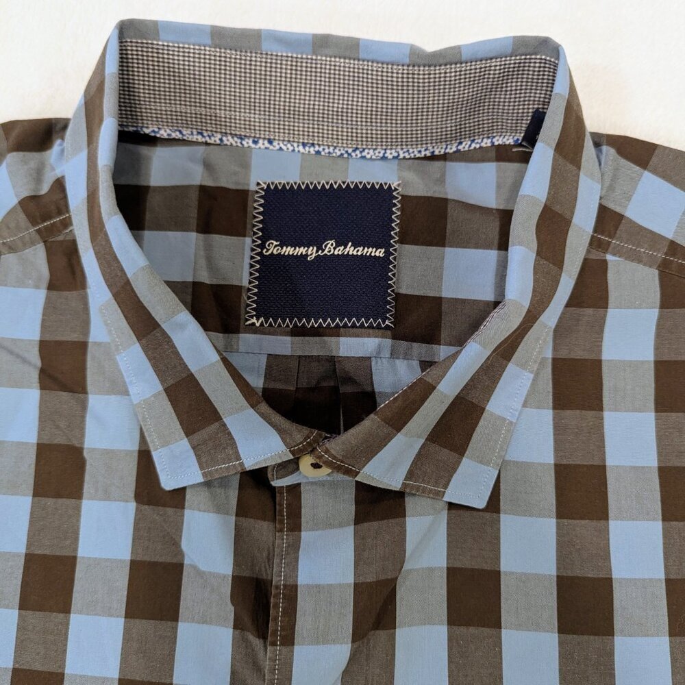 TOMMY BAHAMA Pima Cotton Shirt XXL Blue Brown Checkered Print Button Up Shirt - Picture 3 of 10